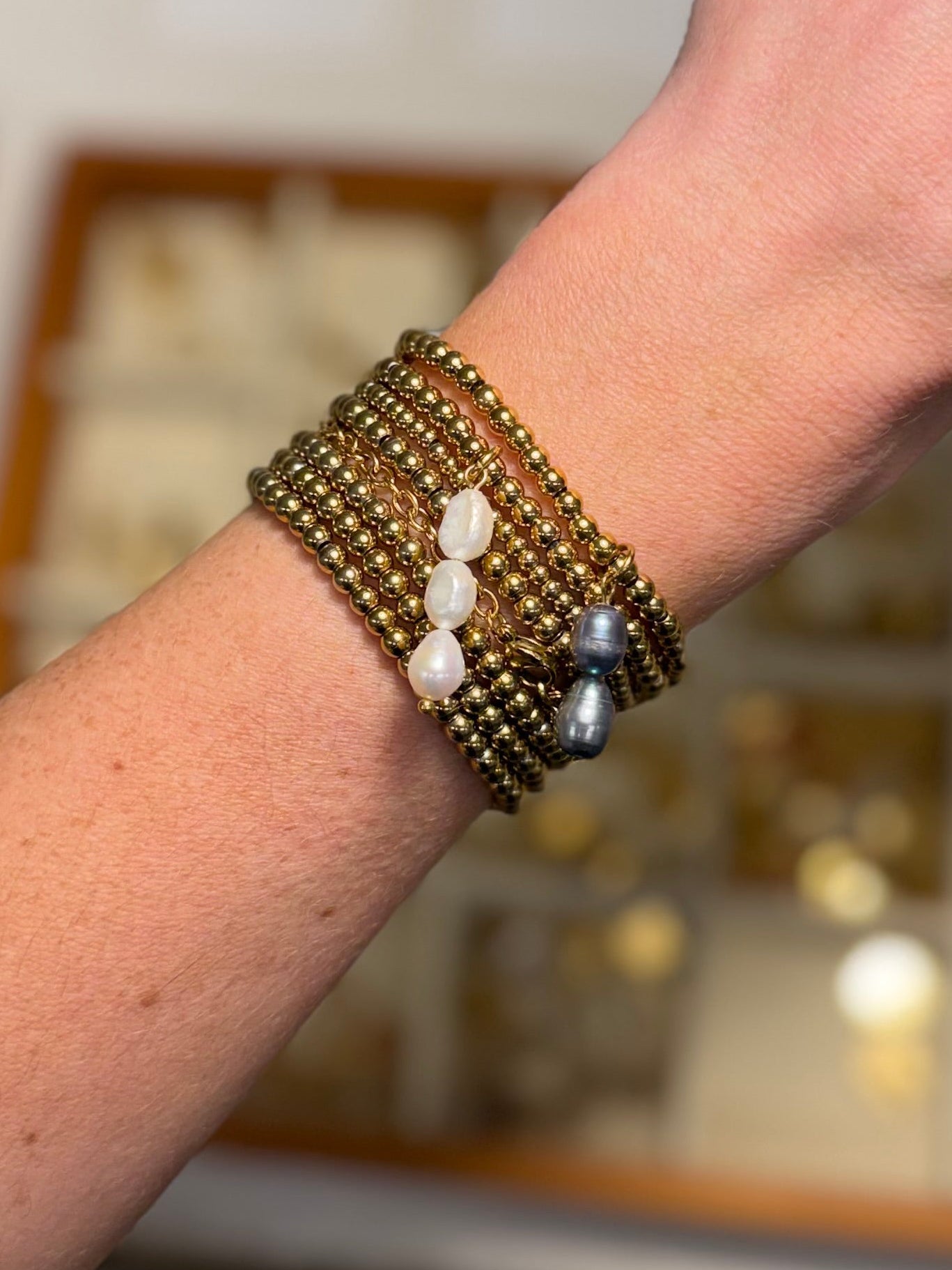 Double Black Pearl Beaded Stretch Bracelet