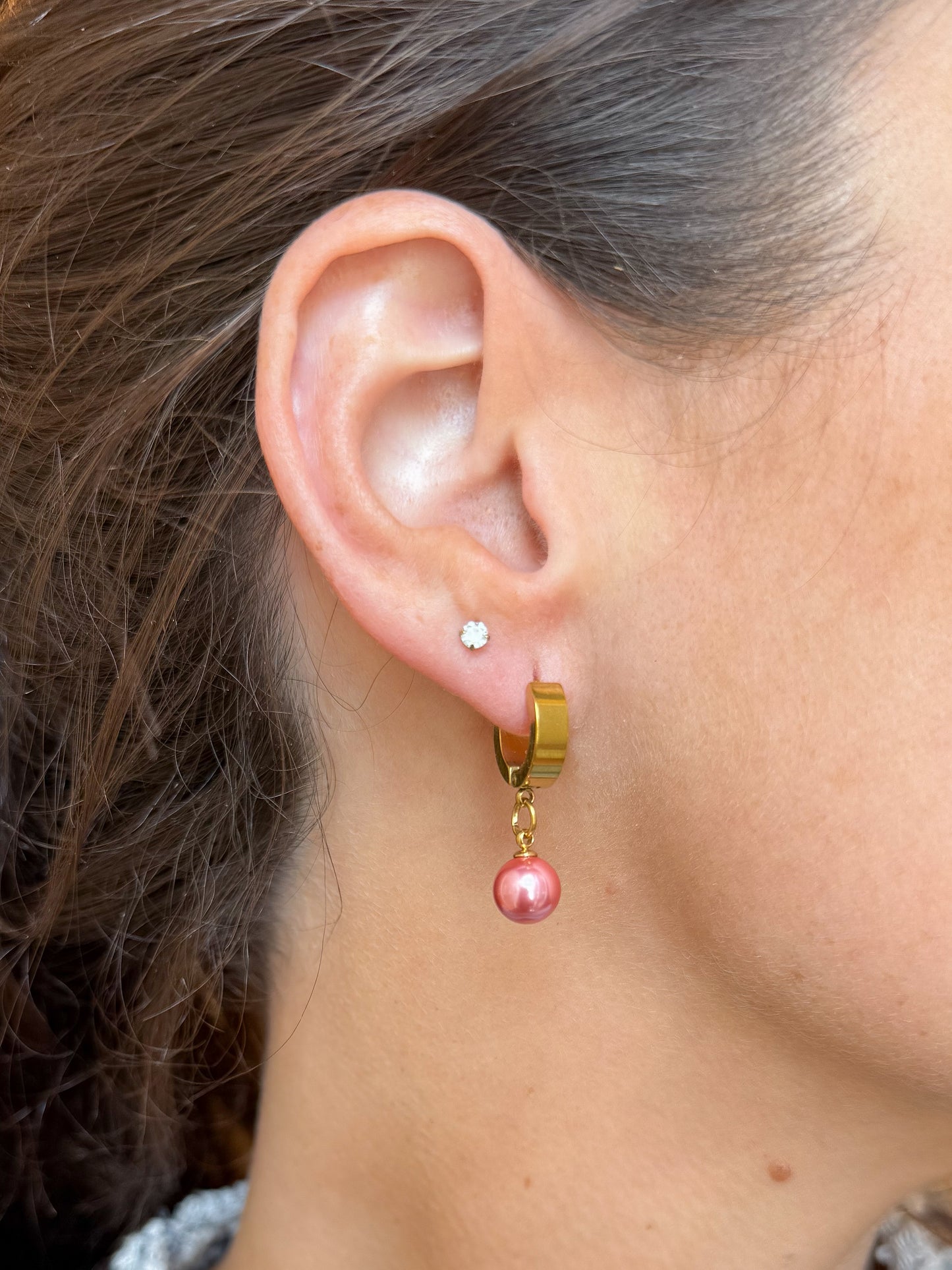Breast Cancer Pink Pearl Huggie