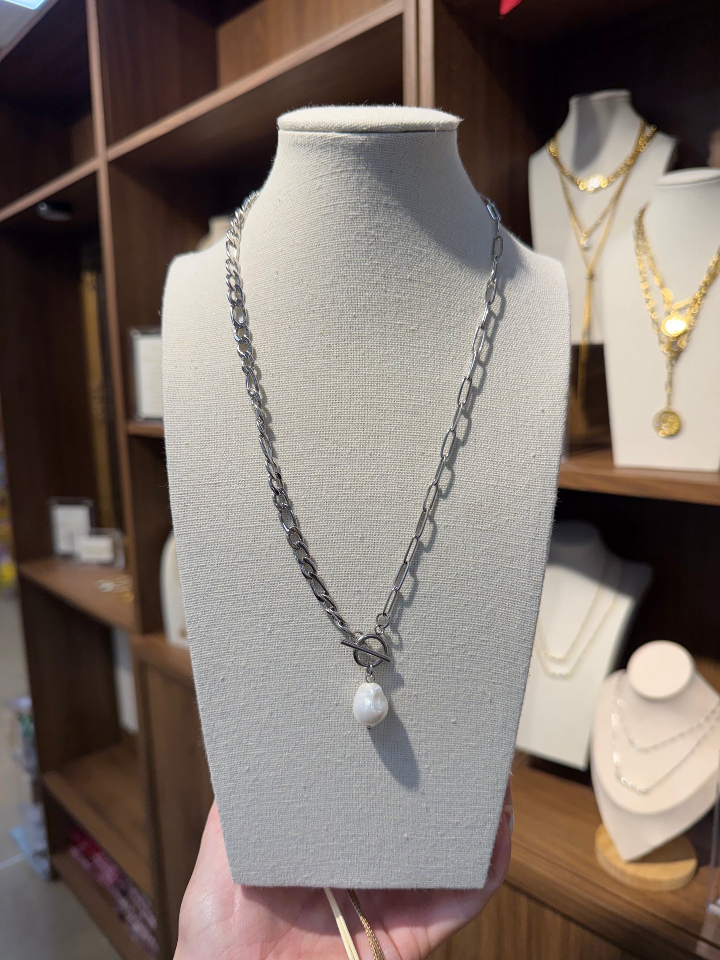 Silver Front Clasp Glass Pearl Necklace