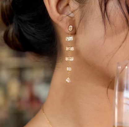 Emerald Cut Long Chain Studs