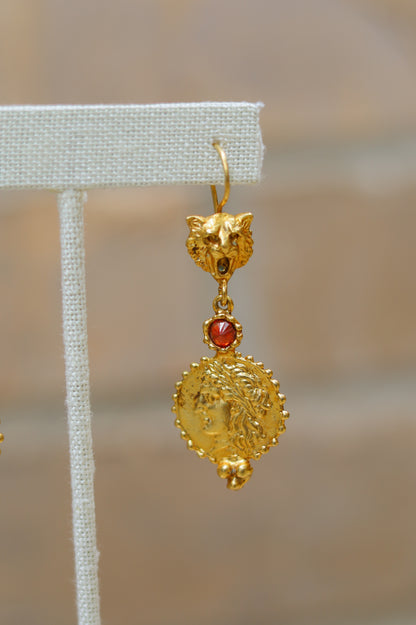 Vintage Ruby Cat Coin Dangle Earrings