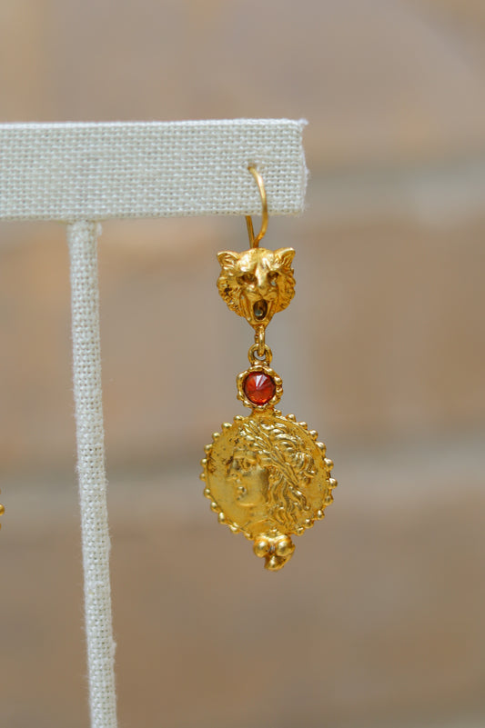 Vintage Ruby Cat Coin Dangle Earrings