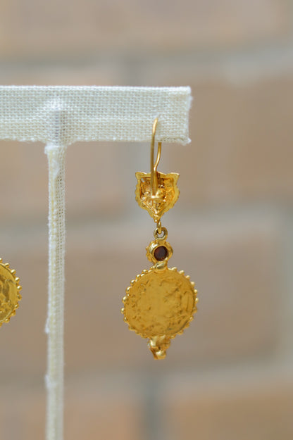 Vintage Ruby Cat Coin Dangle Earrings