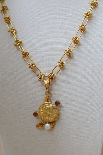 Vintage Ruby + Pearl Coin Knotted Necklace