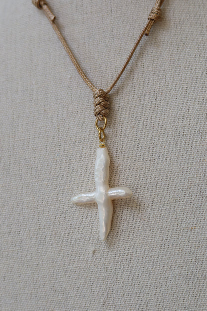 Khaki Cord with Freshwater Pearl Cross