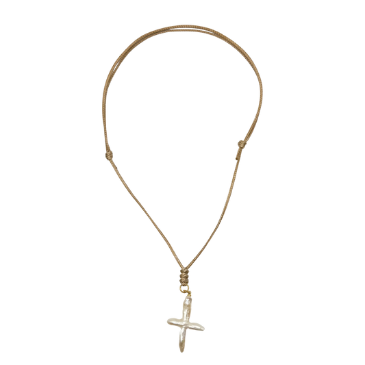 Khaki Cord with Freshwater Pearl Cross
