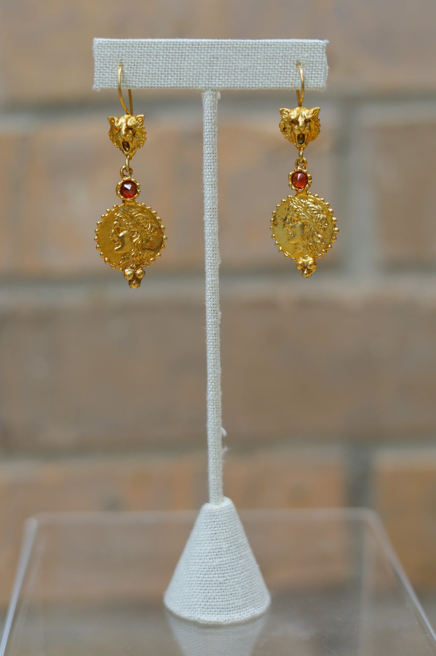 Vintage Ruby Cat Coin Dangle Earrings