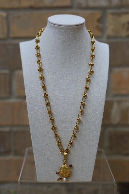 Vintage Ruby + Pearl Coin Knotted Necklace