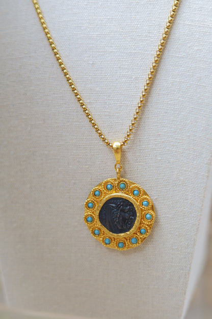 Vintage Turquoise Halo Coin Necklace