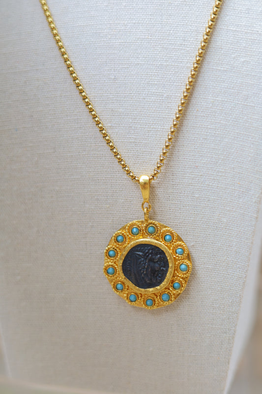 Vintage Turquoise Halo Coin Necklace