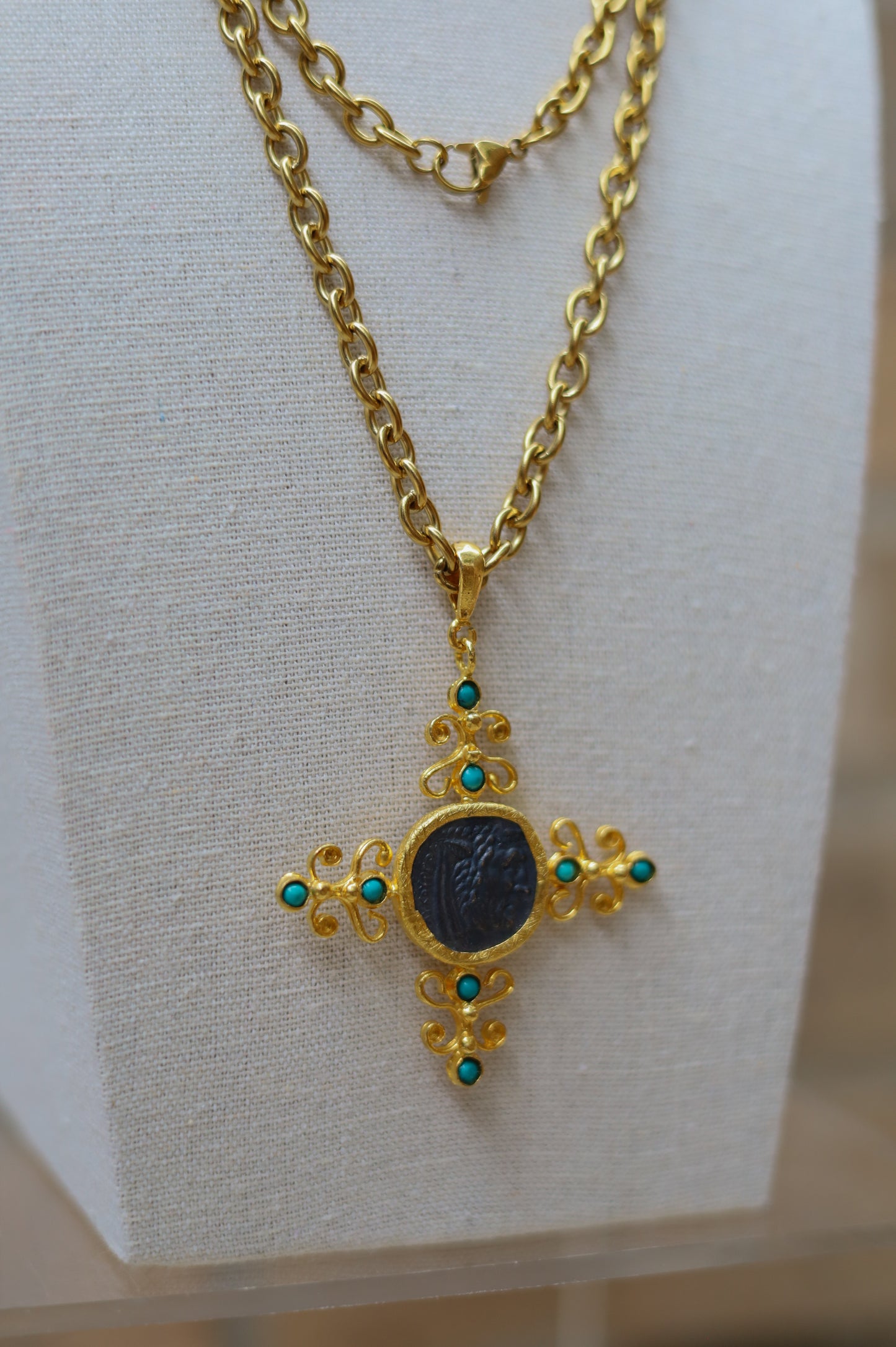 Turquoise Cross Coin Necklace